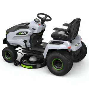 trattore elettrico a batteria ego tr4201e con scarico laterale e funzione mulching, 5 batterie da 10 ah e caricabatterie rapido.